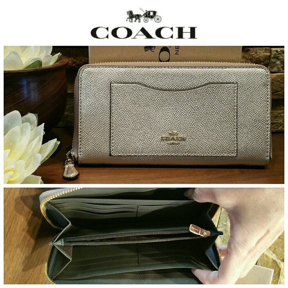 Coach Metallic Silver Zip-Around Continental Wallet